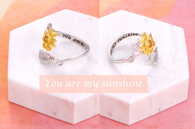 DAOCHONG Sterling Silver You are My Sunshine Sunflower CZ Heart Ring Adjustable Size 8 - Image 3